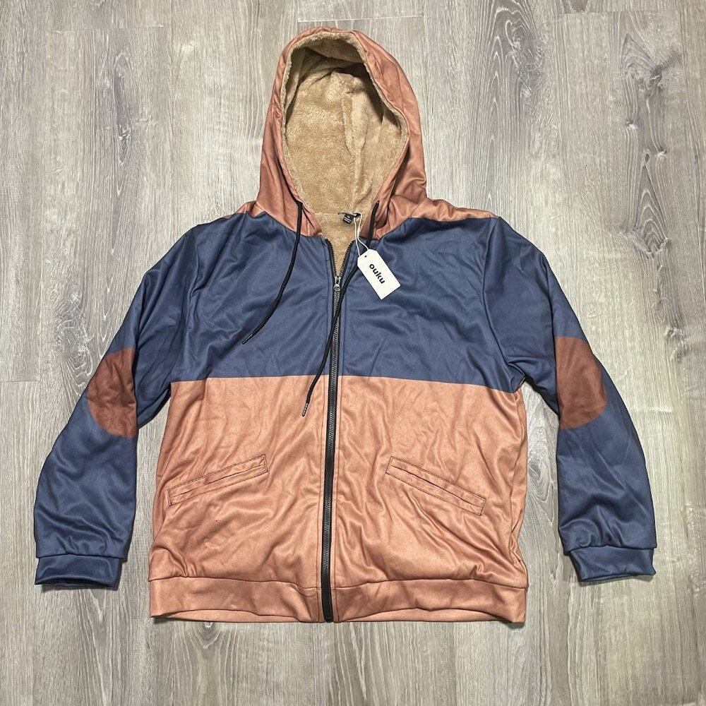 Ouku Hoodie XL Brown & Blue Fur-Lined Zip-Up Jacket Warm Casual Streetwear